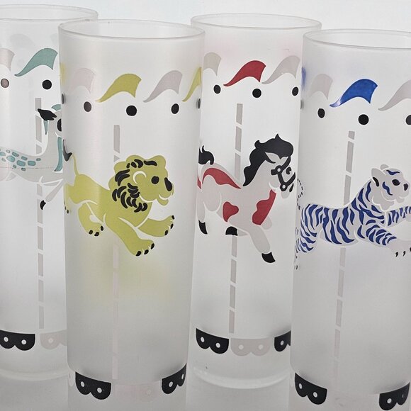 5 Libbey Merry-Go-Round Cocktail Glasses 7" satin frosted barware 1950s circus - Picture 4 of 9